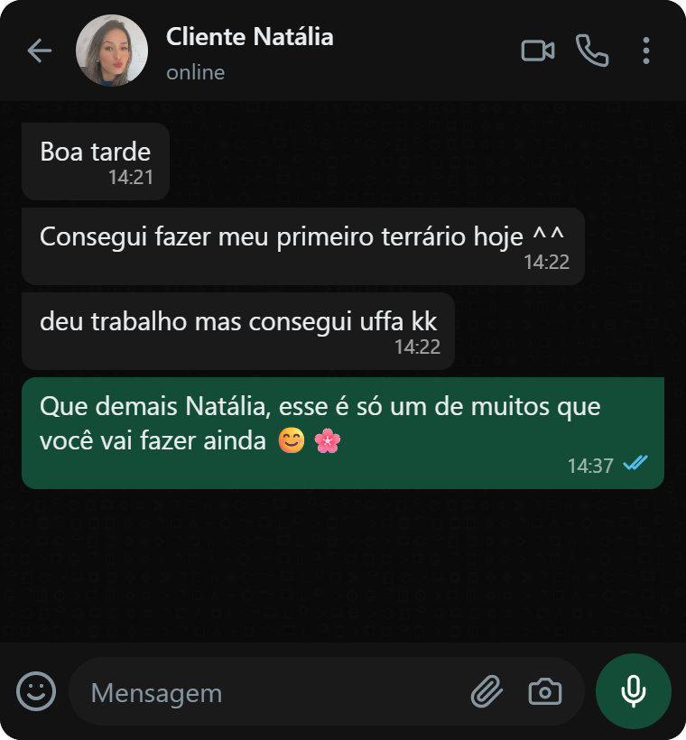 Depoimento no WhatsApp de Cliente Natália finalizando primeiro terrário